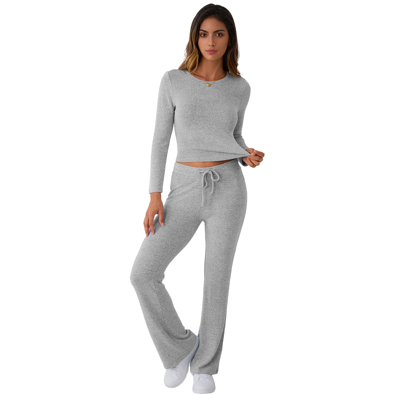 Trend Queen Women's Textured Mélange Set - Long Sleeve Top & Lounge Pants