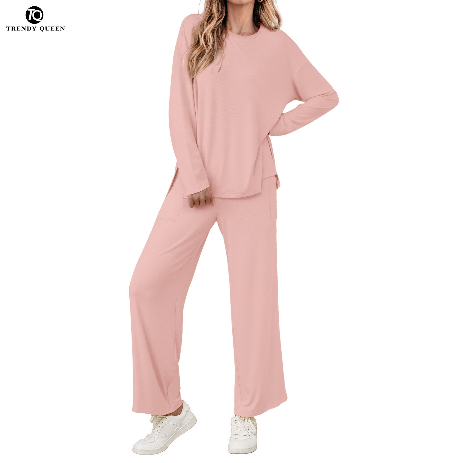 AUTOMET Women's Lounge Set with Side Slits | Oversized Long Sleeve Top & Pants