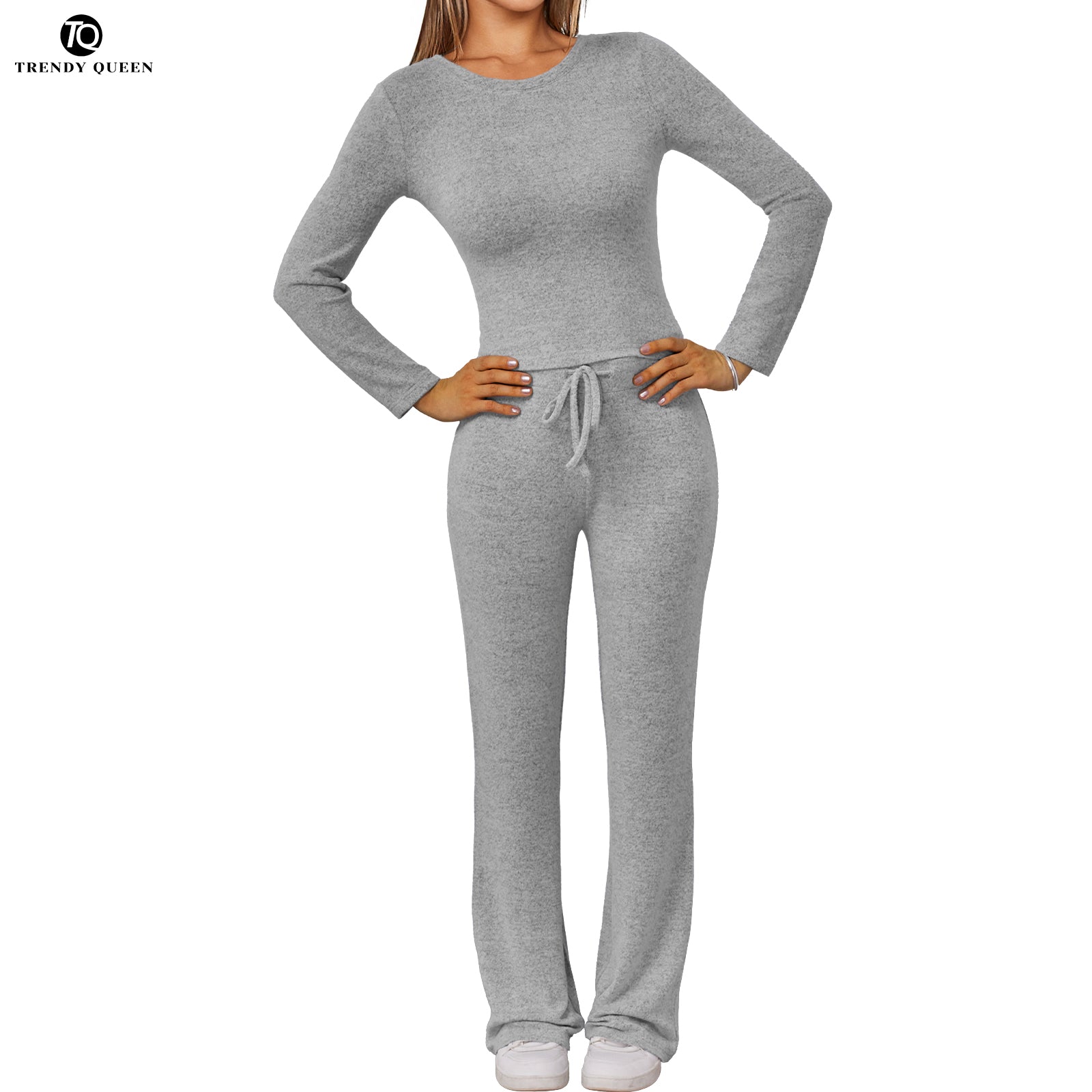 Trend Queen Women's Textured Mélange Set - Long Sleeve Top & Lounge Pants
