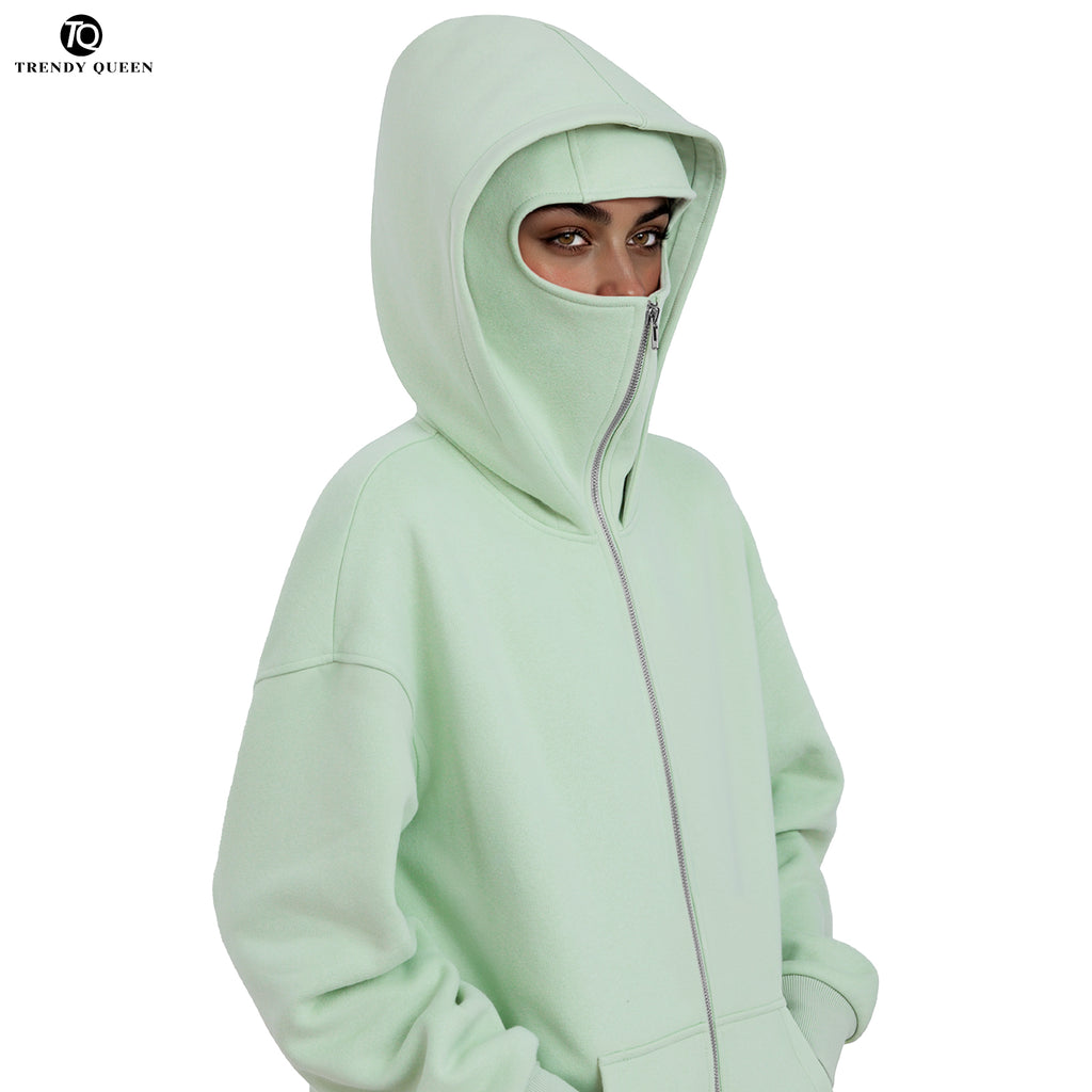 Trendy Queen Women's Stylish Balaclava Hoodie with Full-Face Mask - Casual Zip-Up Sweatshirt, Graphic Design, Perfect for Outdoor Activities| Fashionforward Hoodie | Durable Fabric Hoodie Tops Womenswear
