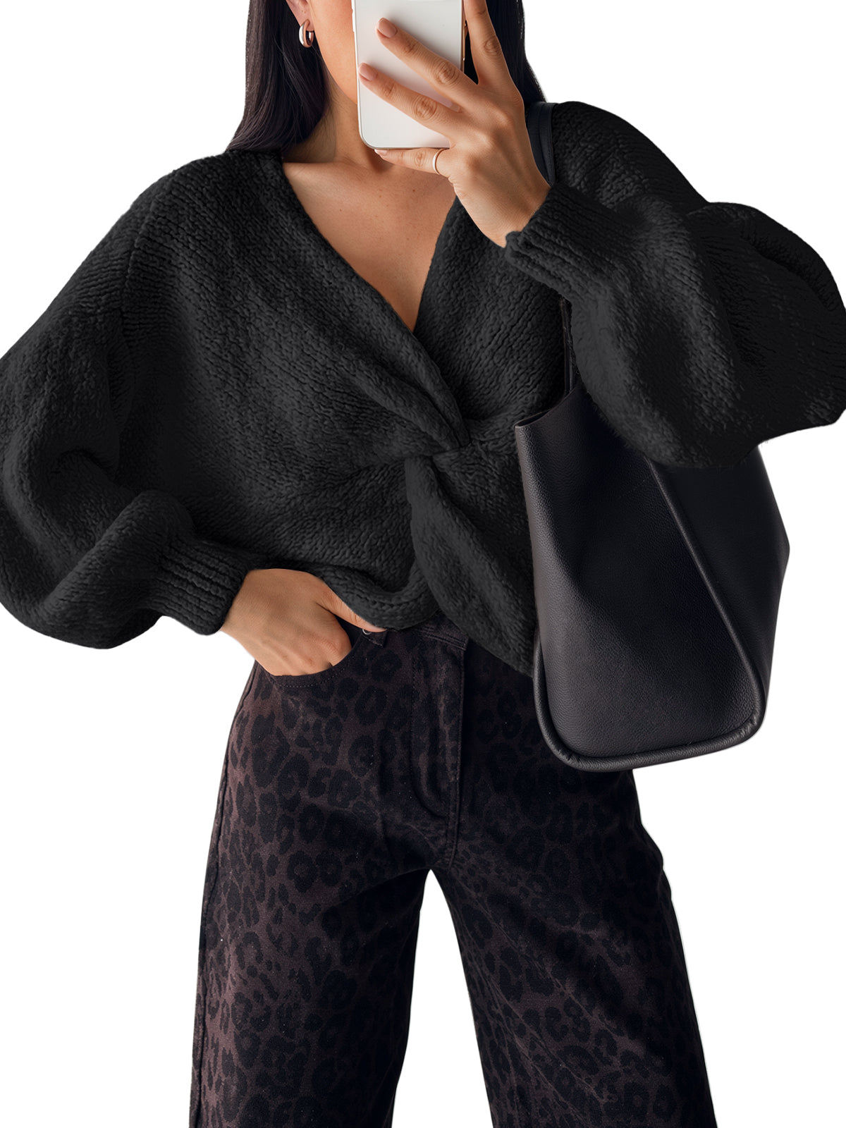 Trendy Queen Women Pullover Sweaters 2026 Fall Fashion Twist Knot Outfits | Chic Wrap V Neck Knitwear, Slouchy Batwing Long Sleeve, Cozy Sexy Cropped Top, Casual Winter Daily Wear, Going Out Clothes