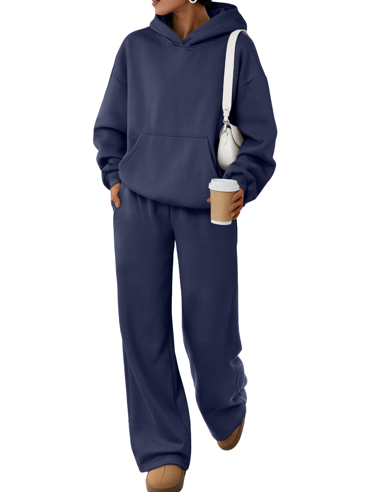 Trendy Queen Womens Oversized Hoodie Wide Leg Pants 2 Piece Lounge Set Drop Shoulder,Kangaroo Pocket,Elastic Waistband,Side Pockets,Matching Sweatsuit