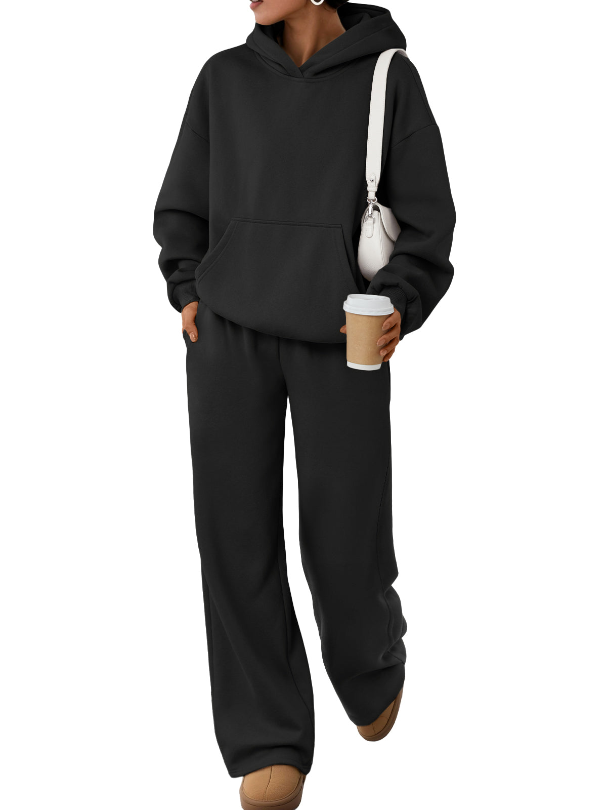 Trendy Queen Womens Oversized Hoodie Wide Leg Pants 2 Piece Lounge Set Drop Shoulder,Kangaroo Pocket,Elastic Waistband,Side Pockets,Matching Sweatsuit