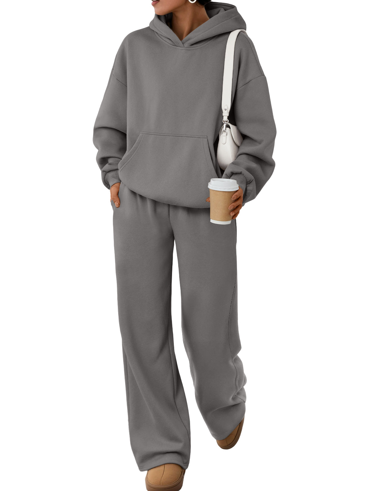 Trendy Queen Womens Oversized Hoodie Wide Leg Pants 2 Piece Lounge Set Drop Shoulder,Kangaroo Pocket,Elastic Waistband,Side Pockets,Matching Sweatsuit