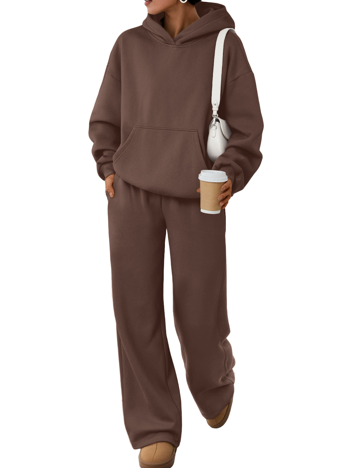 Trendy Queen Womens Oversized Hoodie Wide Leg Pants 2 Piece Lounge Set Drop Shoulder,Kangaroo Pocket,Elastic Waistband,Side Pockets,Matching Sweatsuit