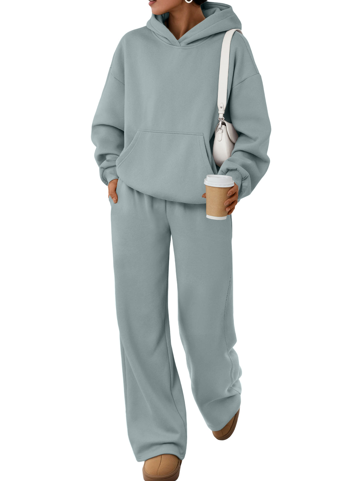 Trendy Queen Womens Oversized Hoodie Wide Leg Pants 2 Piece Lounge Set Drop Shoulder,Kangaroo Pocket,Elastic Waistband,Side Pockets,Matching Sweatsuit