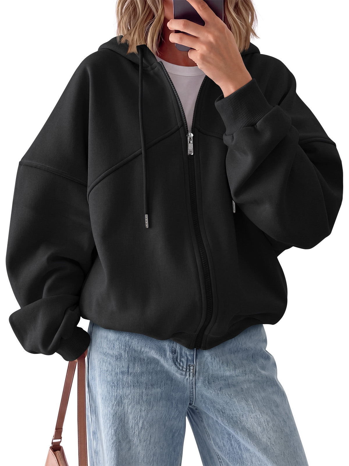 Trendy Queen Sudaderas con capucha y cremallera completa para mujer Forro polar, capucha con cordón, puños acanalados, bolsillos laterales, ropa casual de otoño e invierno