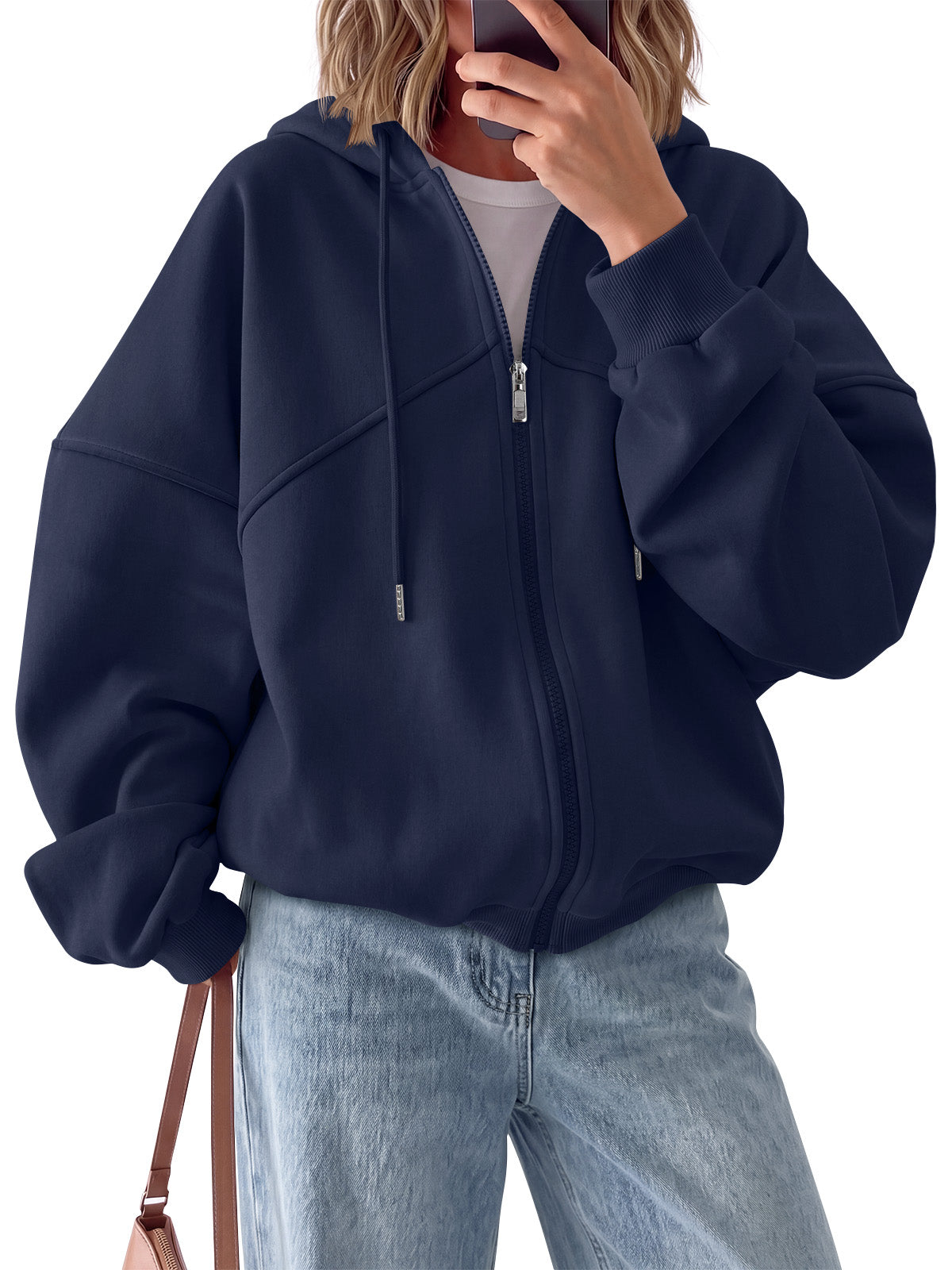 Trendy Queen Sudaderas con capucha y cremallera completa para mujer Forro polar, capucha con cordón, puños acanalados, bolsillos laterales, ropa casual de otoño e invierno