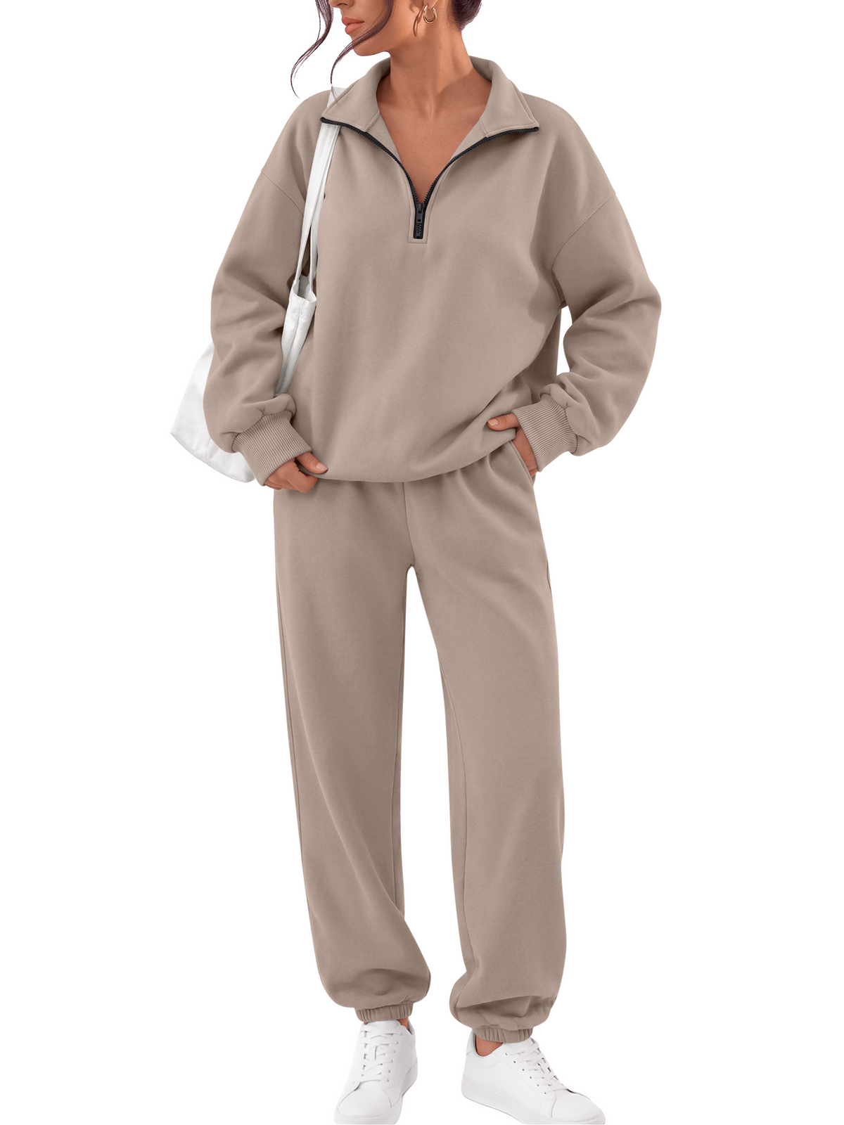 Trendy Queen Womens 2 Piece Zip Up Sweatsuits Fall Lounge Set Half Zip Pullover Sweatshirts, Baggy Sweatpants with Pockets, Airport Travel Outfits, Comfy Matching Tracksuits Winter