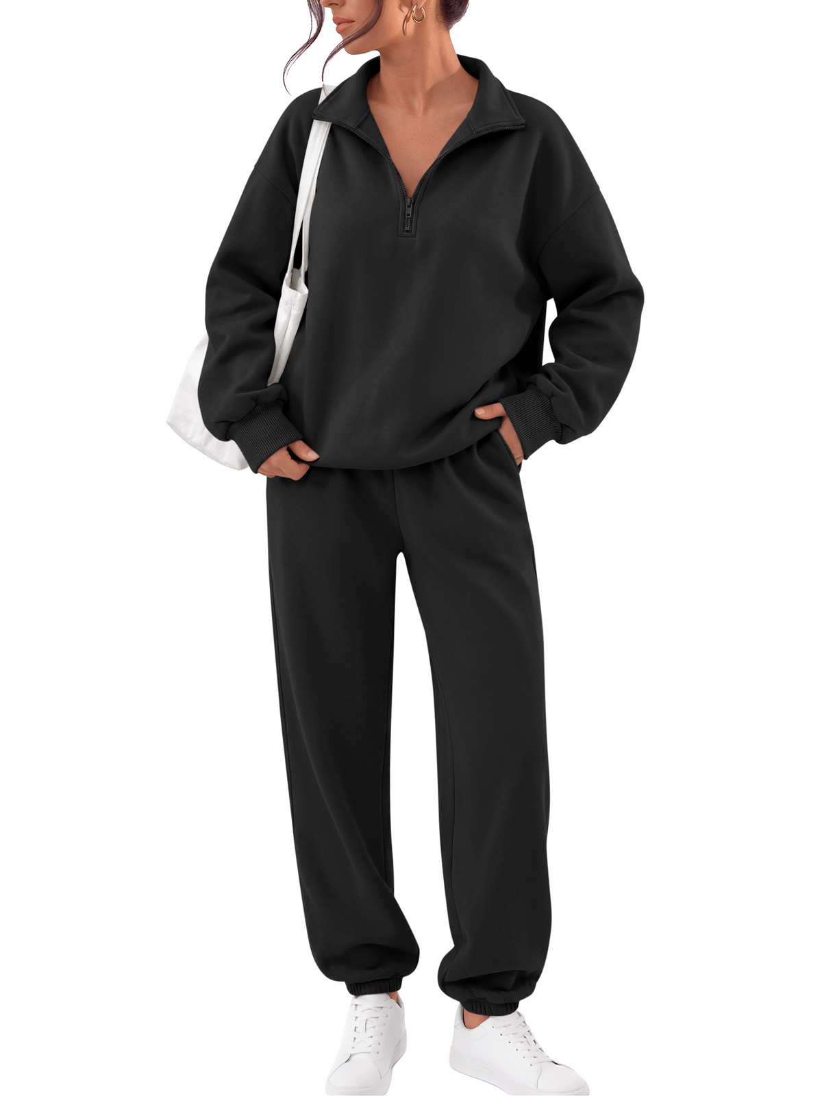 Trendy Queen Womens 2 Piece Zip Up Sweatsuits Fall Lounge Set Half Zip Pullover Sweatshirts, Baggy Sweatpants with Pockets, Airport Travel Outfits, Comfy Matching Tracksuits Winter