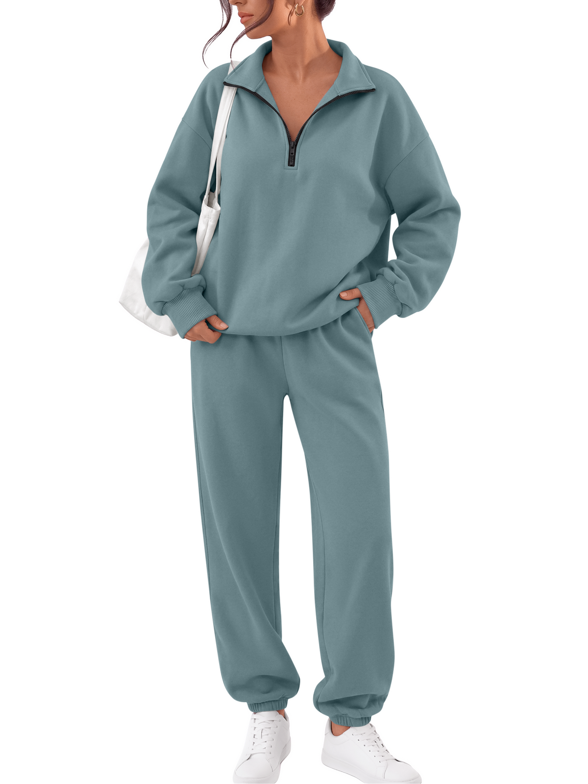 Trendy Queen Womens 2 Piece Zip Up Sweatsuits Fall Lounge Set Half Zip Pullover Sweatshirts, Baggy Sweatpants with Pockets, Airport Travel Outfits, Comfy Matching Tracksuits Winter