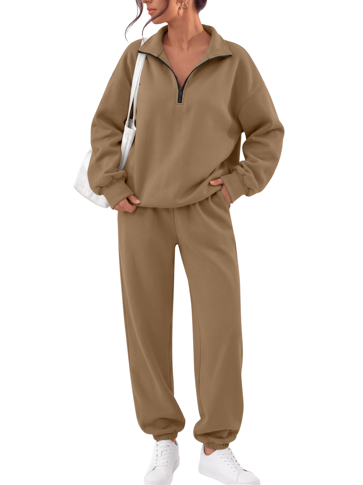 Trendy Queen Womens 2 Piece Zip Up Sweatsuits Fall Lounge Set Half Zip Pullover Sweatshirts, Baggy Sweatpants with Pockets, Airport Travel Outfits, Comfy Matching Tracksuits Winter