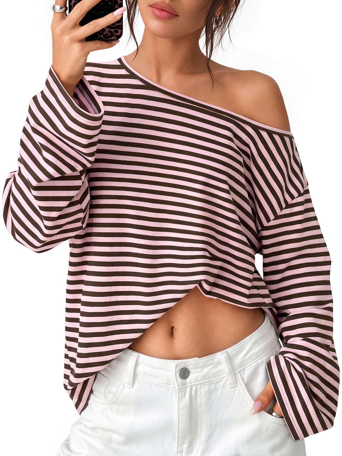 Trendy Queen Off The Shoulder Tops for Women Striped Long Sleeve Shirts oversized loose fit, soft breathable, casual daily weekend vacation, pair with shorts or jeans
