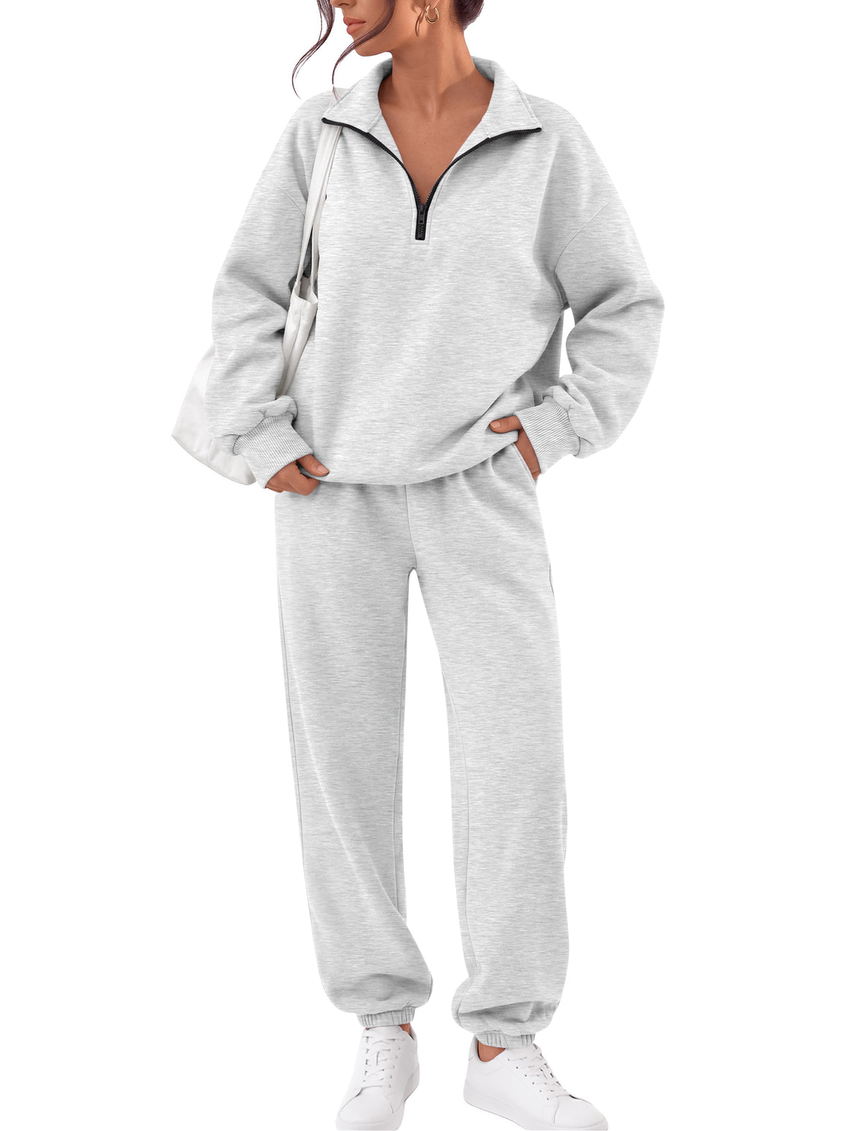 Trendy Queen Womens 2 Piece Zip Up Sweatsuits Fall Lounge Set Half Zip Pullover Sweatshirts, Baggy Sweatpants with Pockets, Airport Travel Outfits, Comfy Matching Tracksuits Winter