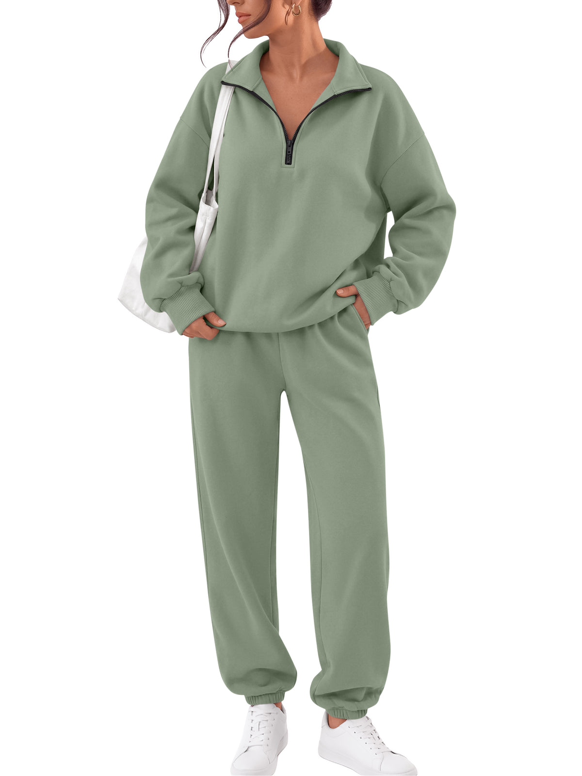 Trendy Queen Womens 2 Piece Zip Up Sweatsuits Fall Lounge Set Half Zip Pullover Sweatshirts, Baggy Sweatpants with Pockets, Airport Travel Outfits, Comfy Matching Tracksuits Winter