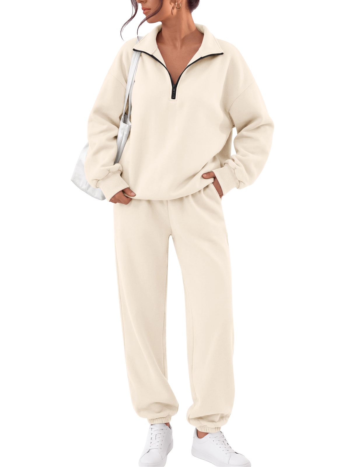 Trendy Queen Womens 2 Piece Zip Up Sweatsuits Fall Lounge Set Half Zip Pullover Sweatshirts, Baggy Sweatpants with Pockets, Airport Travel Outfits, Comfy Matching Tracksuits Winter
