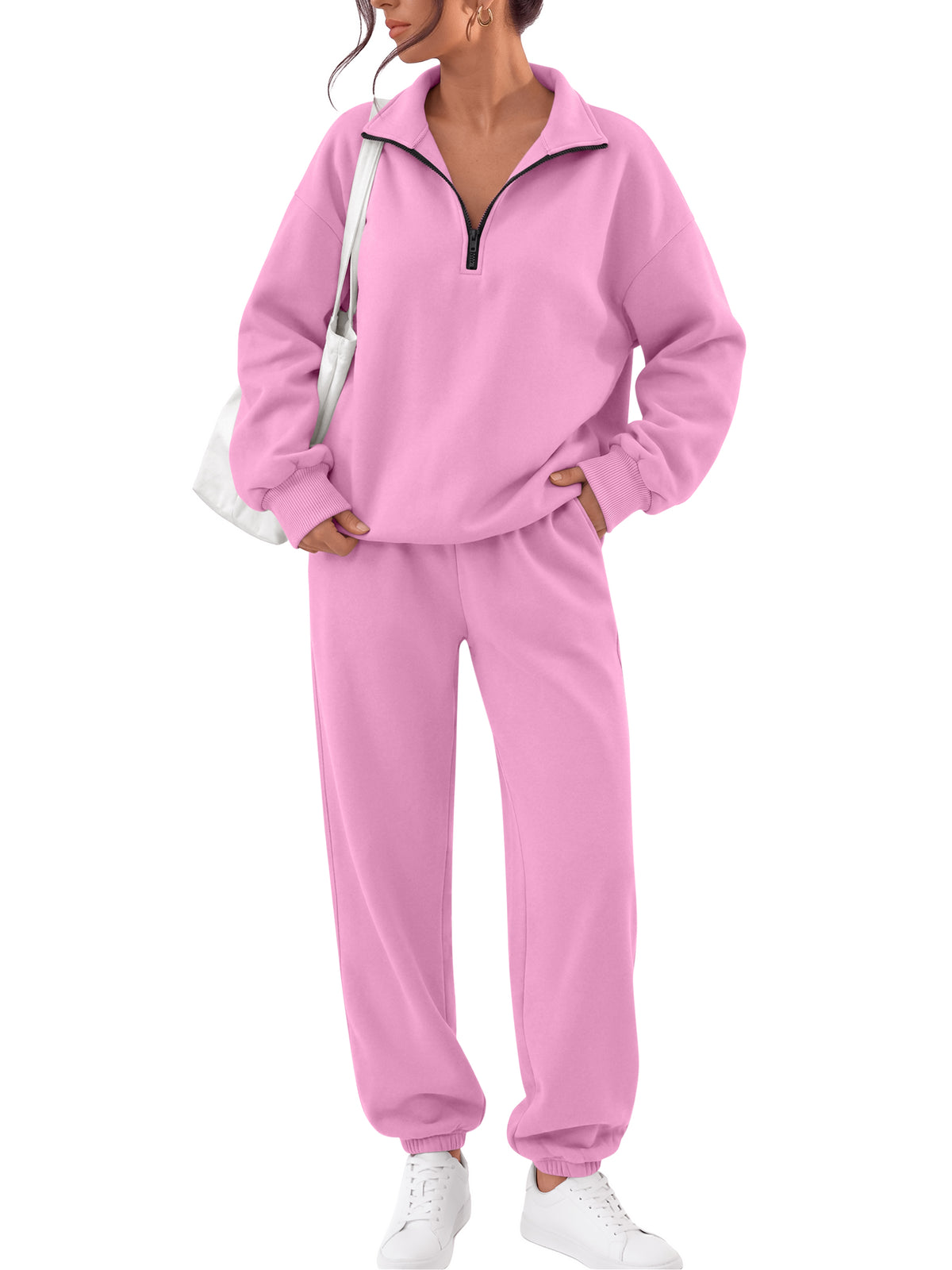 Trendy Queen Womens 2 Piece Zip Up Sweatsuits Fall Lounge Set Half Zip Pullover Sweatshirts, Baggy Sweatpants with Pockets, Airport Travel Outfits, Comfy Matching Tracksuits Winter