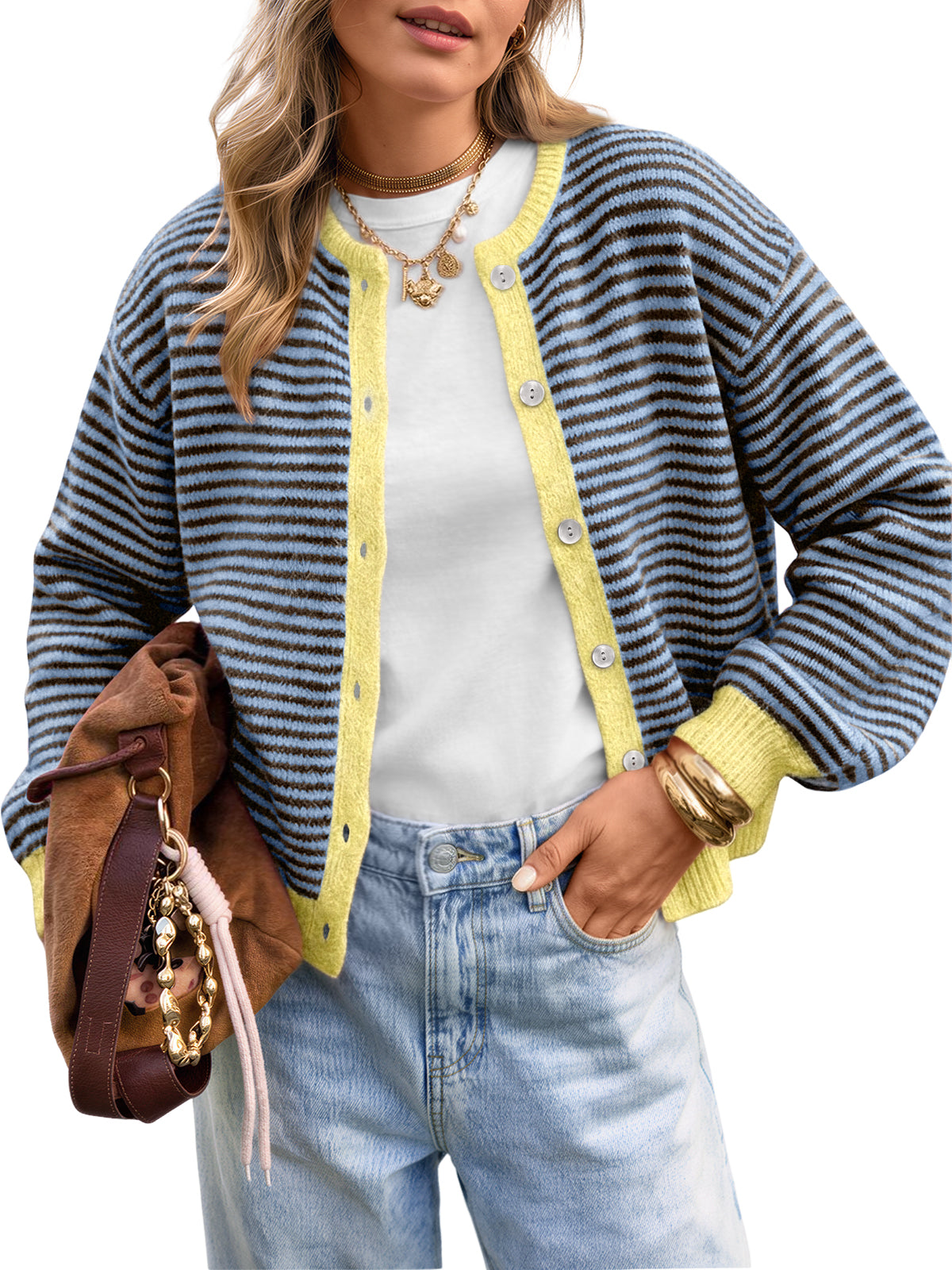 Trendy Queen Striped Cardigan Sweaters for Women 2026 Fall Fashion Clothes Soft & Cozy Knit Button Down Cardigans Striped Sweaters, Winter Fall Outfits, Crewneck Y2k Clothes, Versatile Staple