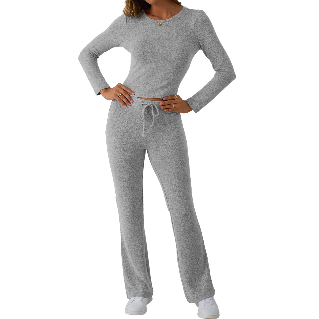 Trend Queen Women's Textured Mélange Set - Long Sleeve Top & Lounge Pants