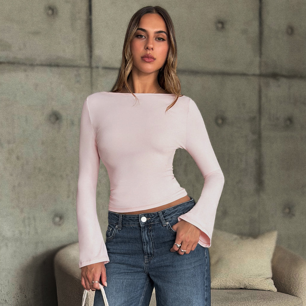 TRENDY QUEEN Women's 3-Piece Long Bell Sleeve Shirts Off-The-Shoulder Neckline Basic Crop Slim Fit Y2K Tops for Fall Fashion & Casual Outings