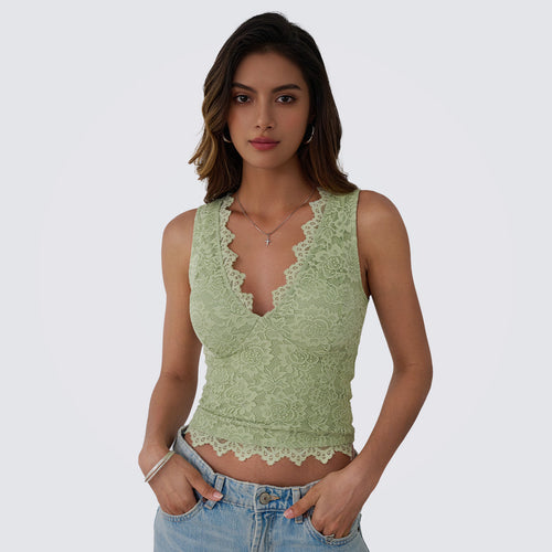 AUTOMET Women's Delicate Lace Trim Sexy Deep V-Neck Sleeveless Top