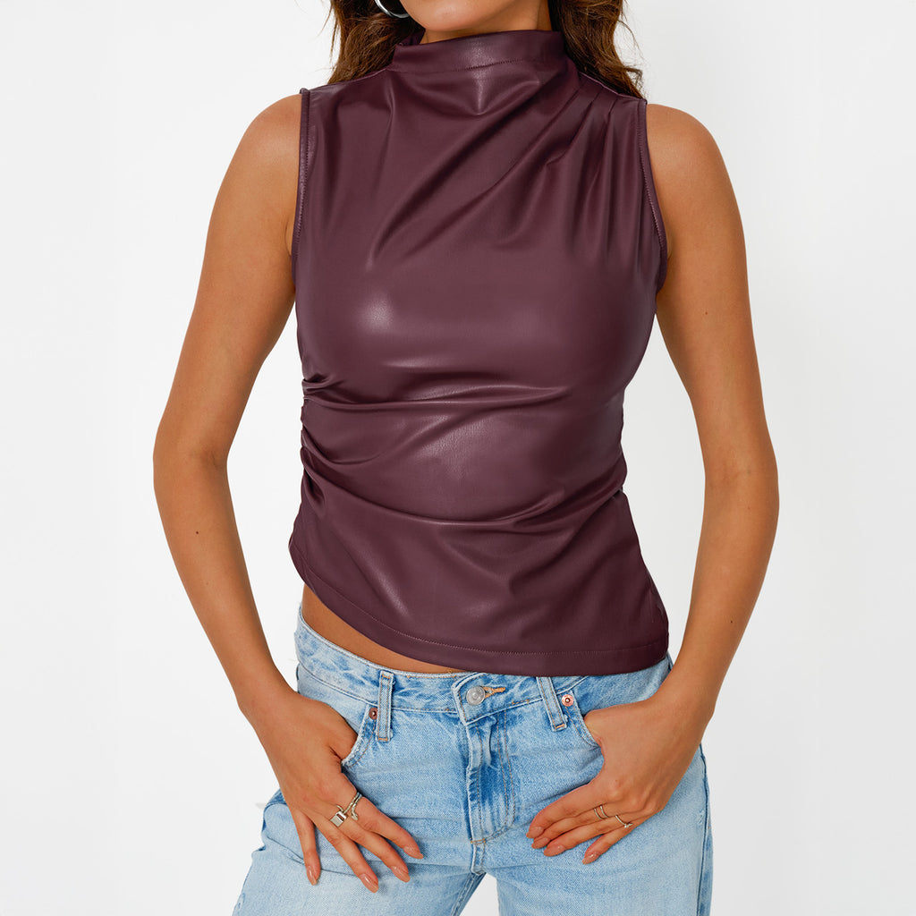 Trendy Queen Womens Leather Going Out Tops 2025 Asymmetrical Mock Neck Top Sexy Corset Club Outfits Slim Fit Tank