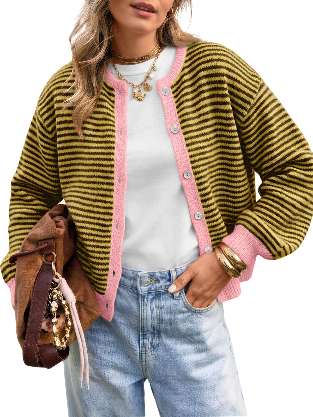 Trendy Queen Striped Cardigan Sweaters for Women 2026 Fall Fashion Clothes Soft & Cozy Knit Button Down Cardigans Striped Sweaters, Winter Fall Outfits, Crewneck Y2k Clothes, Versatile Staple
