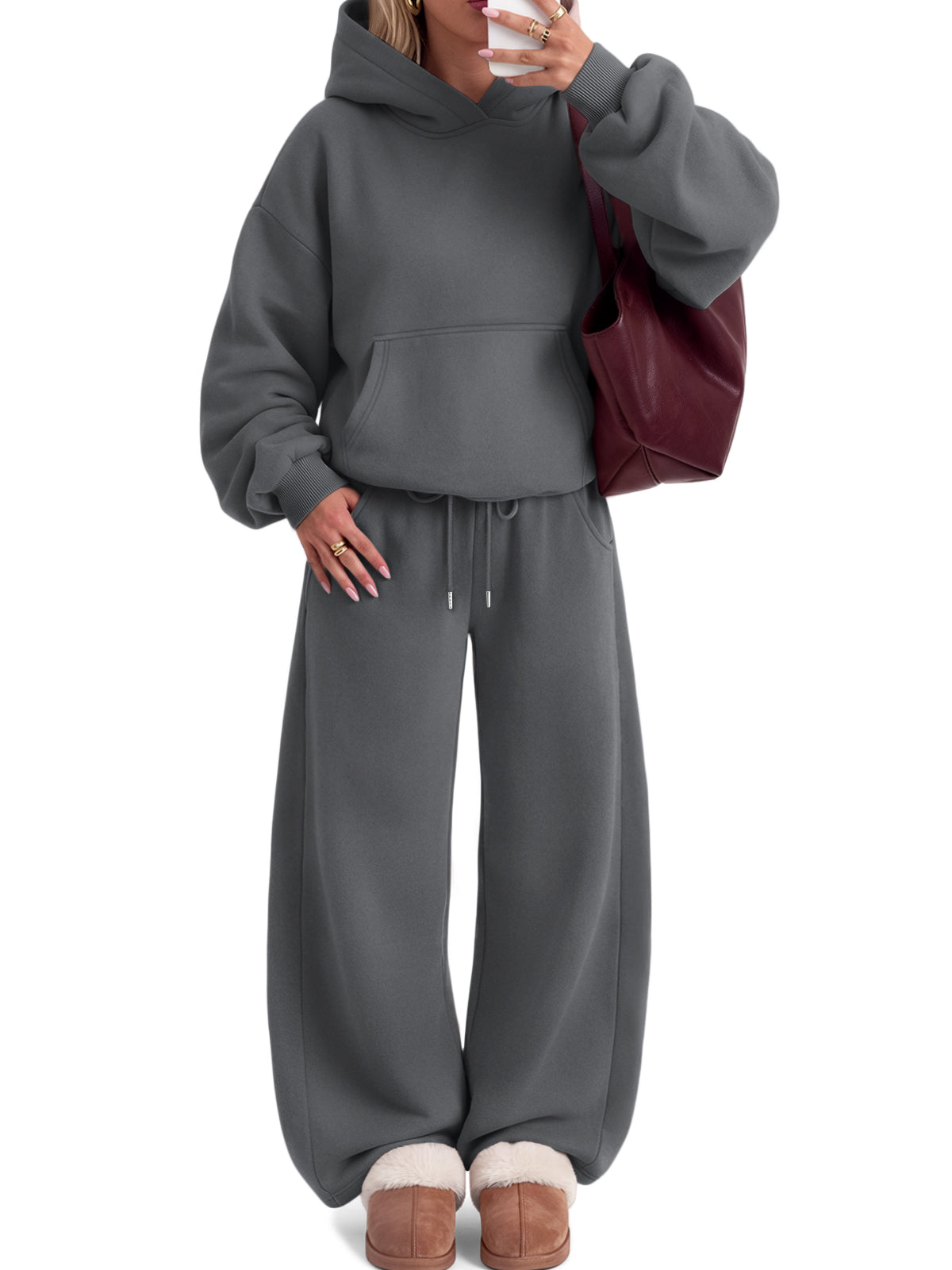 Trendy Queen Womens Sweat Set 2 Piece Sweatsuit 2026 Fall Tracksuit | Soft Fleece Interior,Chic Oversized Fit,Flattering Wide Leg Silhouette,Effortless Airport Style