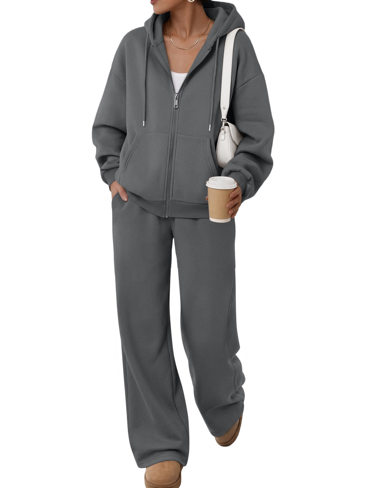 Trendy Queen Womens 2 Piece Zip Up Hoodie Sweatsuits Wide Leg Lounge Sets