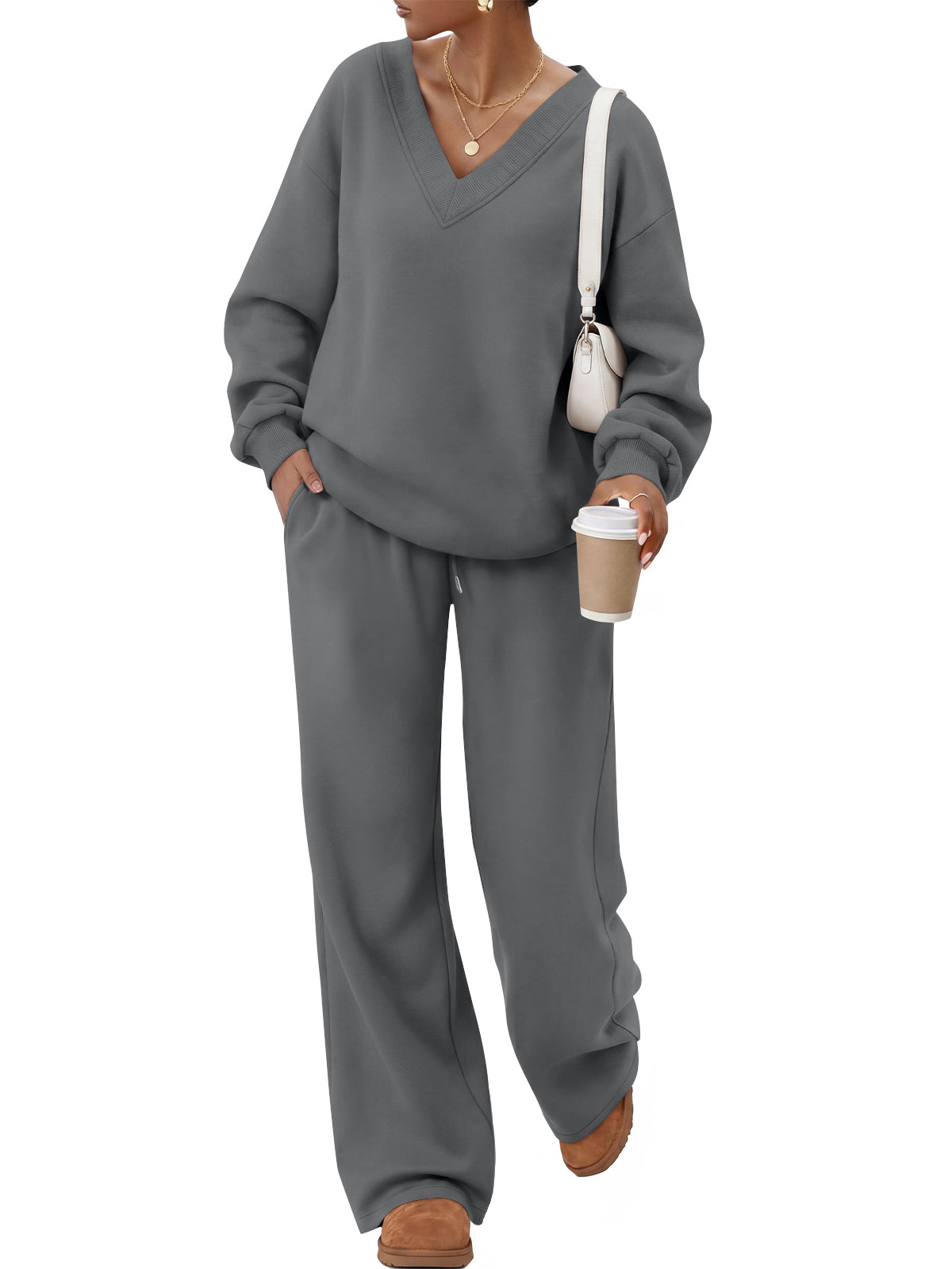 Trendy Queen Women's Sweatsuits 2 Piece Outfits Sweat Sets | Comfortable V Neck Sweatshirts,Wide Leg Sweatpants with Pockets,Fall and Winter Clothes