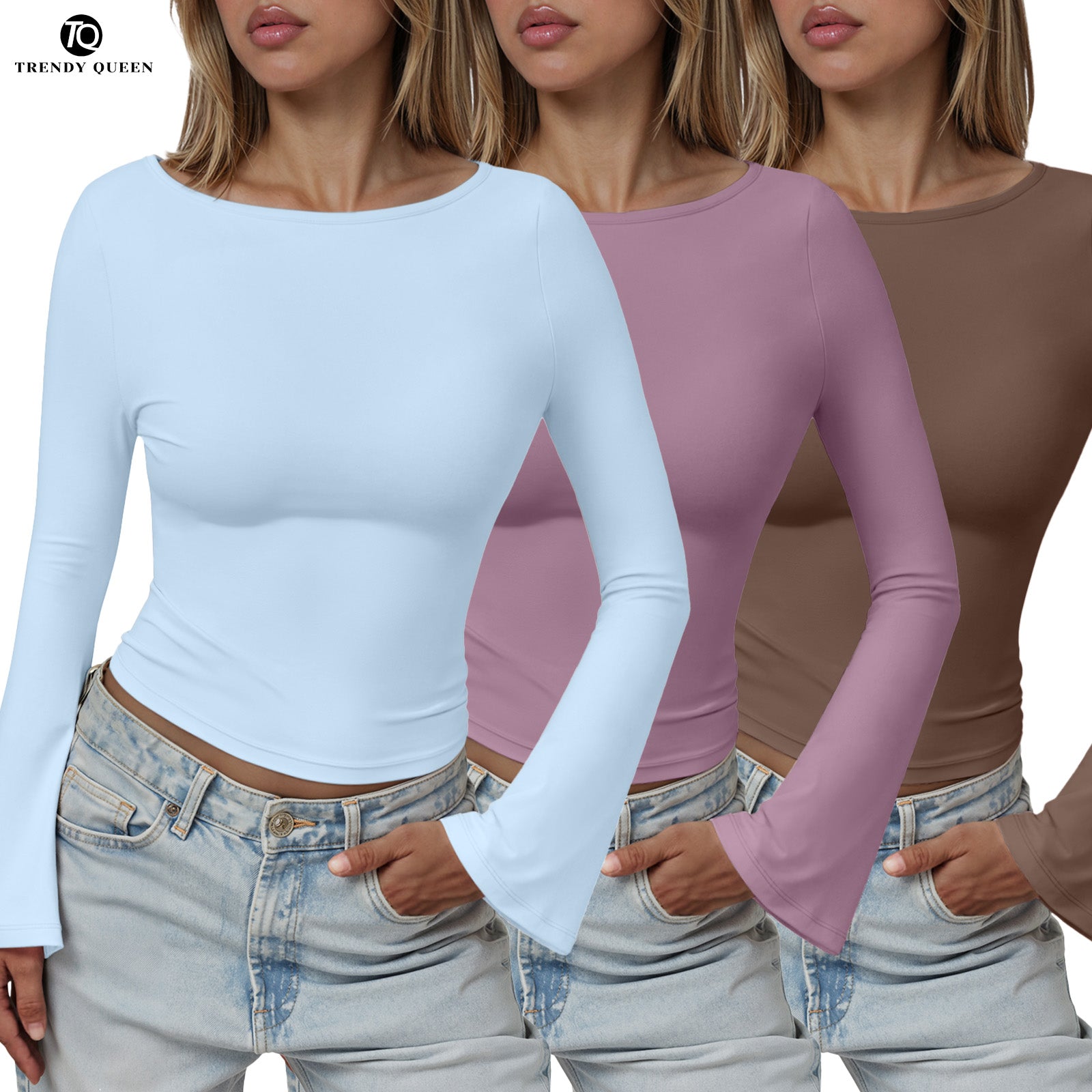 TRENDY QUEEN Women's 3-Piece Long Bell Sleeve Shirts Off-The-Shoulder Neckline Basic Crop Slim Fit Y2K Tops for Fall Fashion & Casual Outings