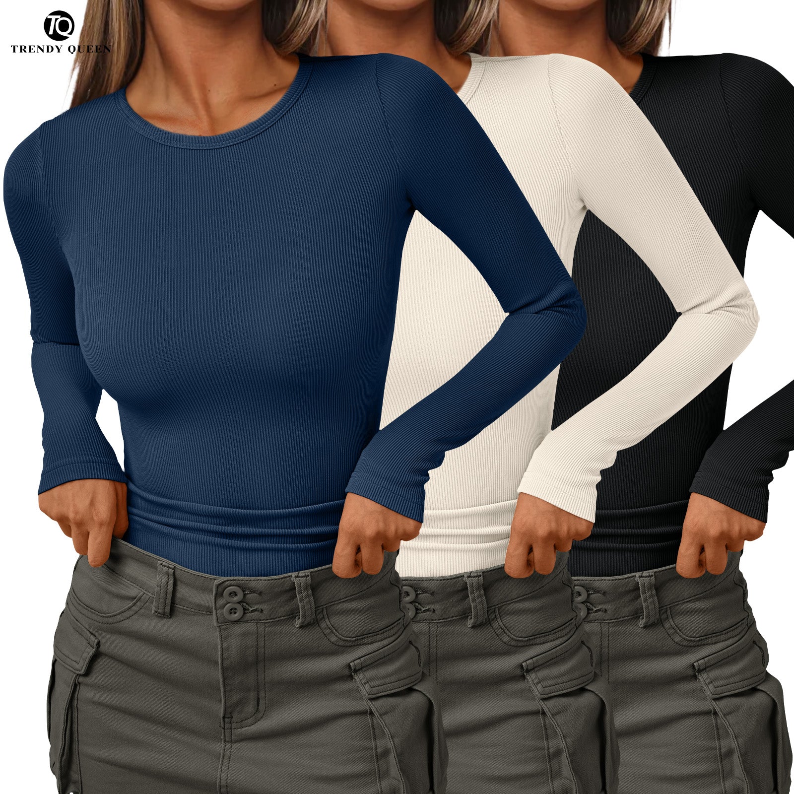 AUTOMET Women's Ribbed Crew Neck Fitted Top - Basic Casual Tee