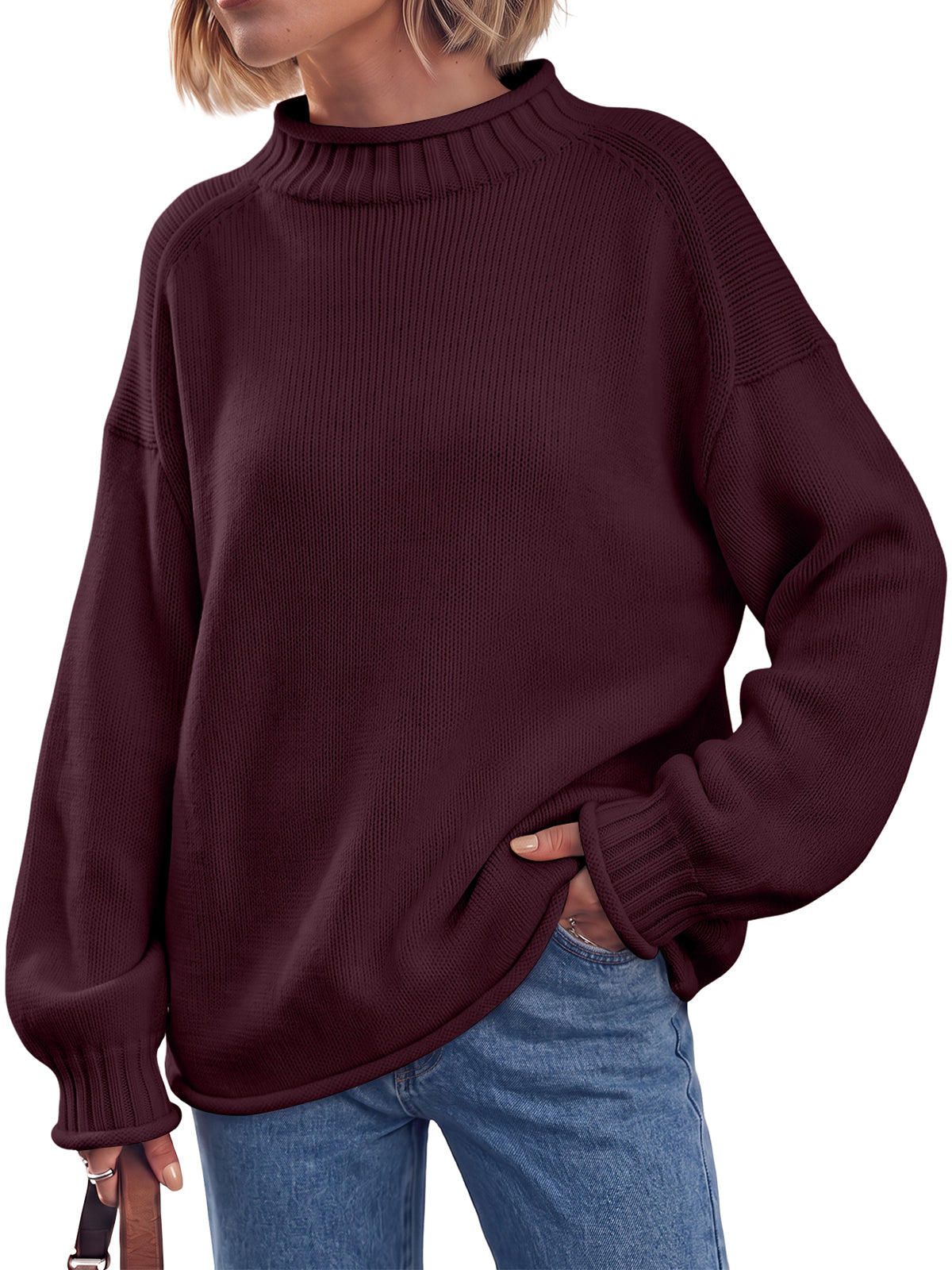 Trendy Queen Women's Oversized Mock Neck Rolled Edge Sweaters