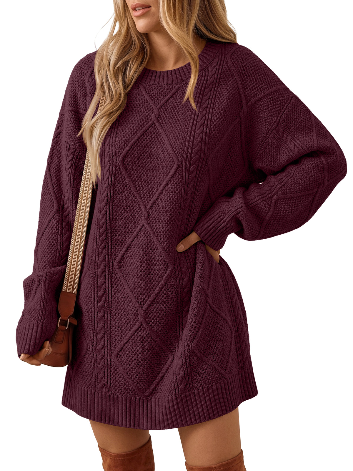 Trendy Queen Womens Sweater Dress Fall Long Sleeve Casual Winter Outfits 2026 Fashion Staple, Oversized Cable Knit Long Pullover, Crew Neck Clothes, Chunky Diamond Texture, Holiday Party Daily Wear