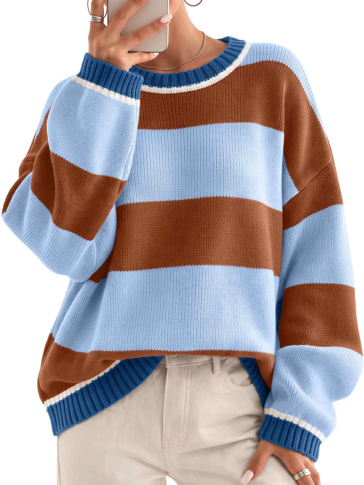 Trendy Queen Womens Striped Oversized Sweaters 2026 Fall Fashion Outfits Crewneck Drop‑Shoulder Loose Knit Pullover Tops, Soft Cozy Winter Fall Clothes, Easy Layering Piece, Cute Sweaters