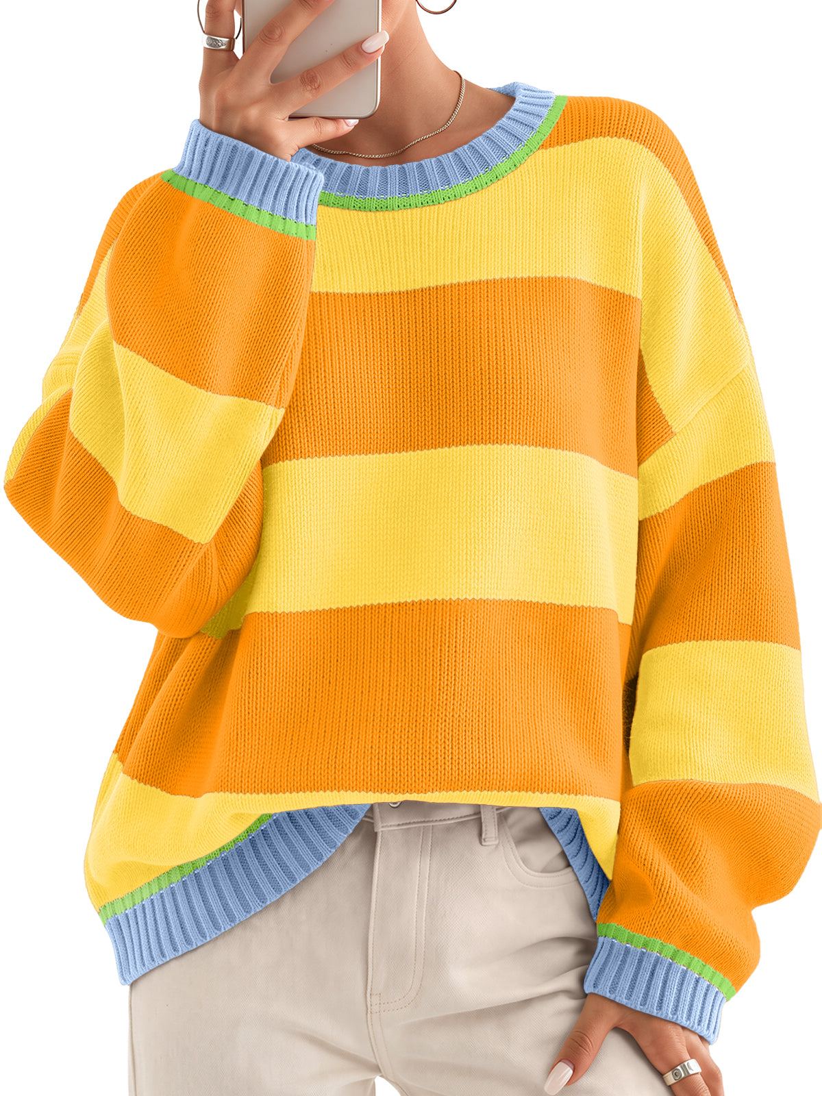 Trendy Queen Womens Striped Oversized Sweaters 2026 Fall Fashion Outfits Crewneck Drop‑Shoulder Loose Knit Pullover Tops, Soft Cozy Winter Fall Clothes, Easy Layering Piece, Cute Sweaters