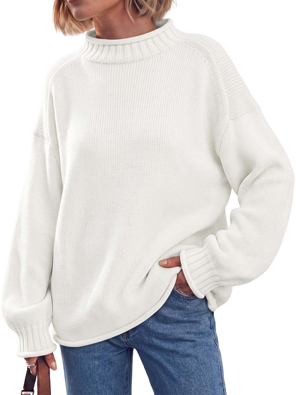 Trendy Queen Women's Oversized Mock Neck Rolled Edge Sweaters