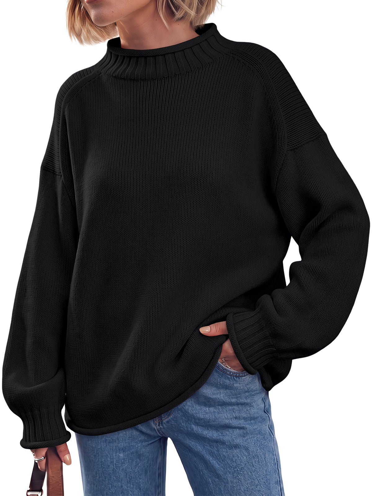 Trendy Queen Women's Oversized Mock Neck Rolled Edge Sweaters