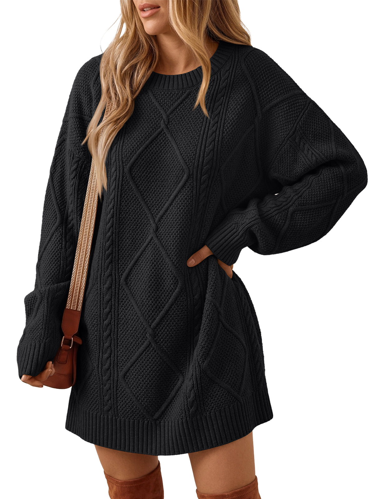 Trendy Queen Womens Sweater Dress Fall Long Sleeve Casual Winter Outfits 2026 Fashion Staple, Oversized Cable Knit Long Pullover, Crew Neck Clothes, Chunky Diamond Texture, Holiday Party Daily Wear