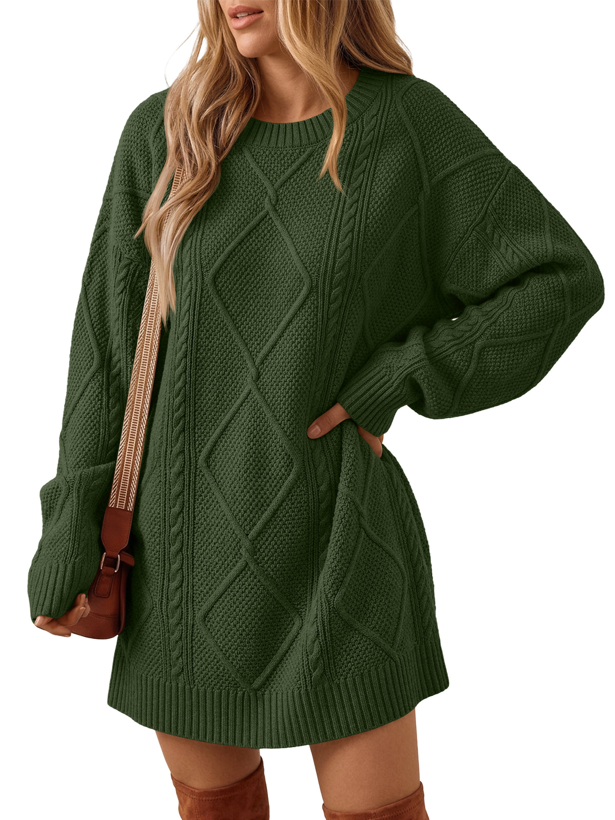 Trendy Queen Womens Sweater Dress Fall Long Sleeve Casual Winter Outfits 2026 Fashion Staple, Oversized Cable Knit Long Pullover, Crew Neck Clothes, Chunky Diamond Texture, Holiday Party Daily Wear