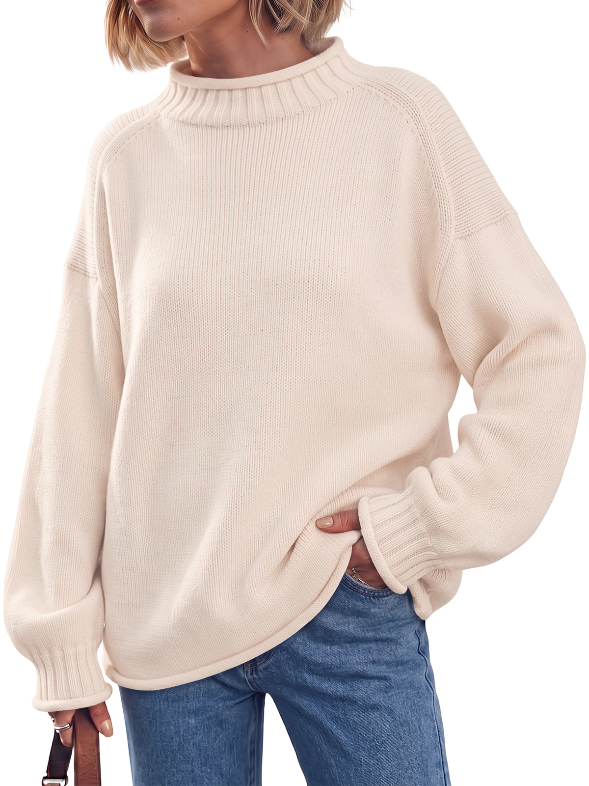 Trendy Queen Women's Oversized Mock Neck Rolled Edge Sweaters