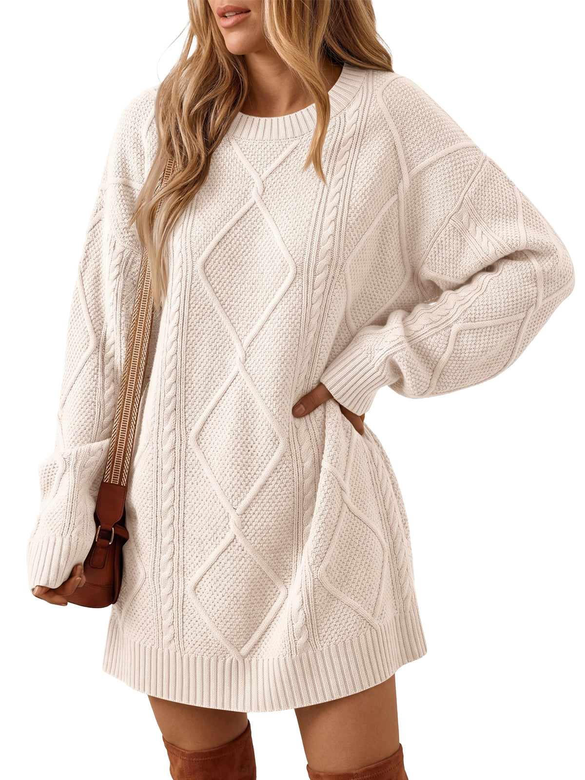 Trendy Queen Womens Sweater Dress Fall Long Sleeve Casual Winter Outfits 2026 Fashion Staple, Oversized Cable Knit Long Pullover, Crew Neck Clothes, Chunky Diamond Texture, Holiday Party Daily Wear