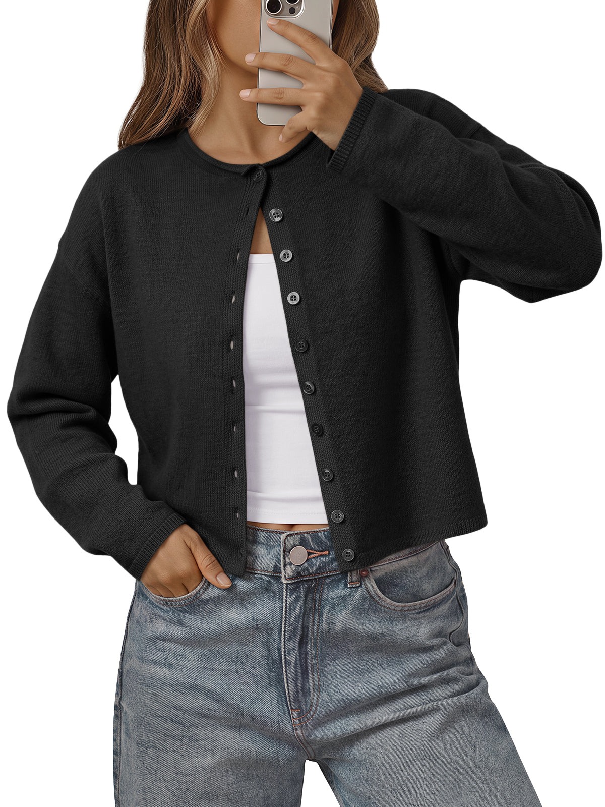 Trendy Queen Cropped Cardigan Sweaters for Women 2026 Fall Fashion Clothes Soft Lightweight Knit Button-Down Cardigan, Crew Neck with Rolled Edge, Versatile Staple for Fall, Spring Office Wear
