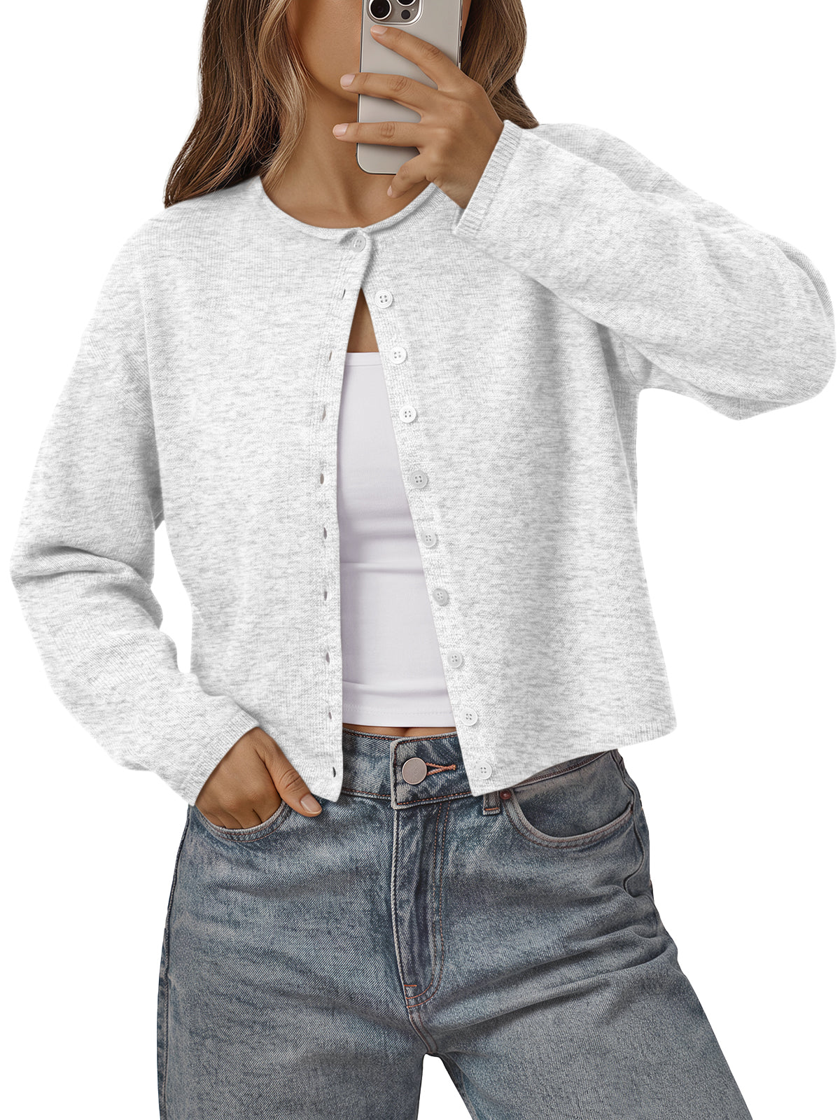 Trendy Queen Cropped Cardigan Sweaters for Women 2026 Fall Fashion Clothes Soft Lightweight Knit Button-Down Cardigan, Crew Neck with Rolled Edge, Versatile Staple for Fall, Spring Office Wear