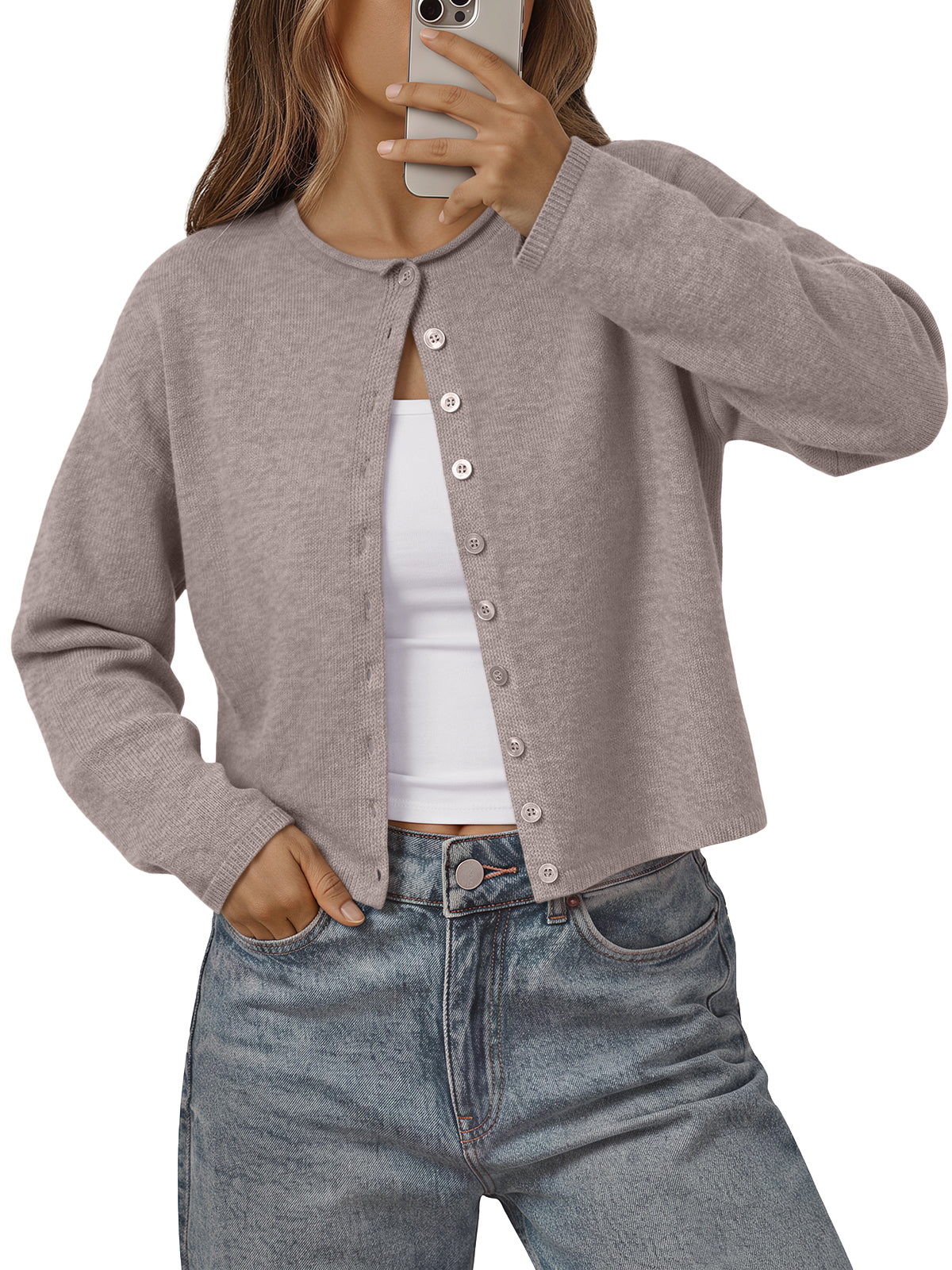 Trendy Queen Cropped Cardigan Sweaters for Women 2026 Fall Fashion Clothes Soft Lightweight Knit Button-Down Cardigan, Crew Neck with Rolled Edge, Versatile Staple for Fall, Spring Office Wear