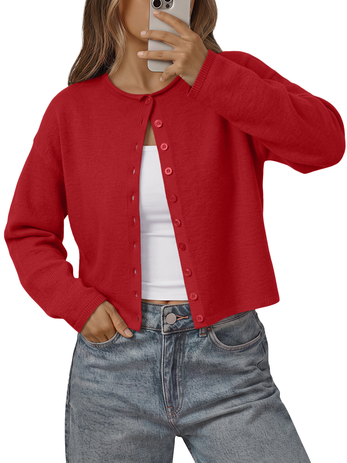 Trendy Queen Cropped Cardigan Sweaters for Women 2026 Fall Fashion Clothes Soft Lightweight Knit Button-Down Cardigan, Crew Neck with Rolled Edge, Versatile Staple for Fall, Spring Office Wear