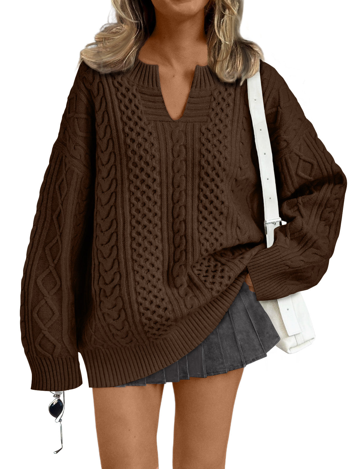 Trendy Queen V Neck Oversized Cable Knit Sweaters for Women Trendy 2025 Fall Fashion Outfits Clothes Winter Clothing