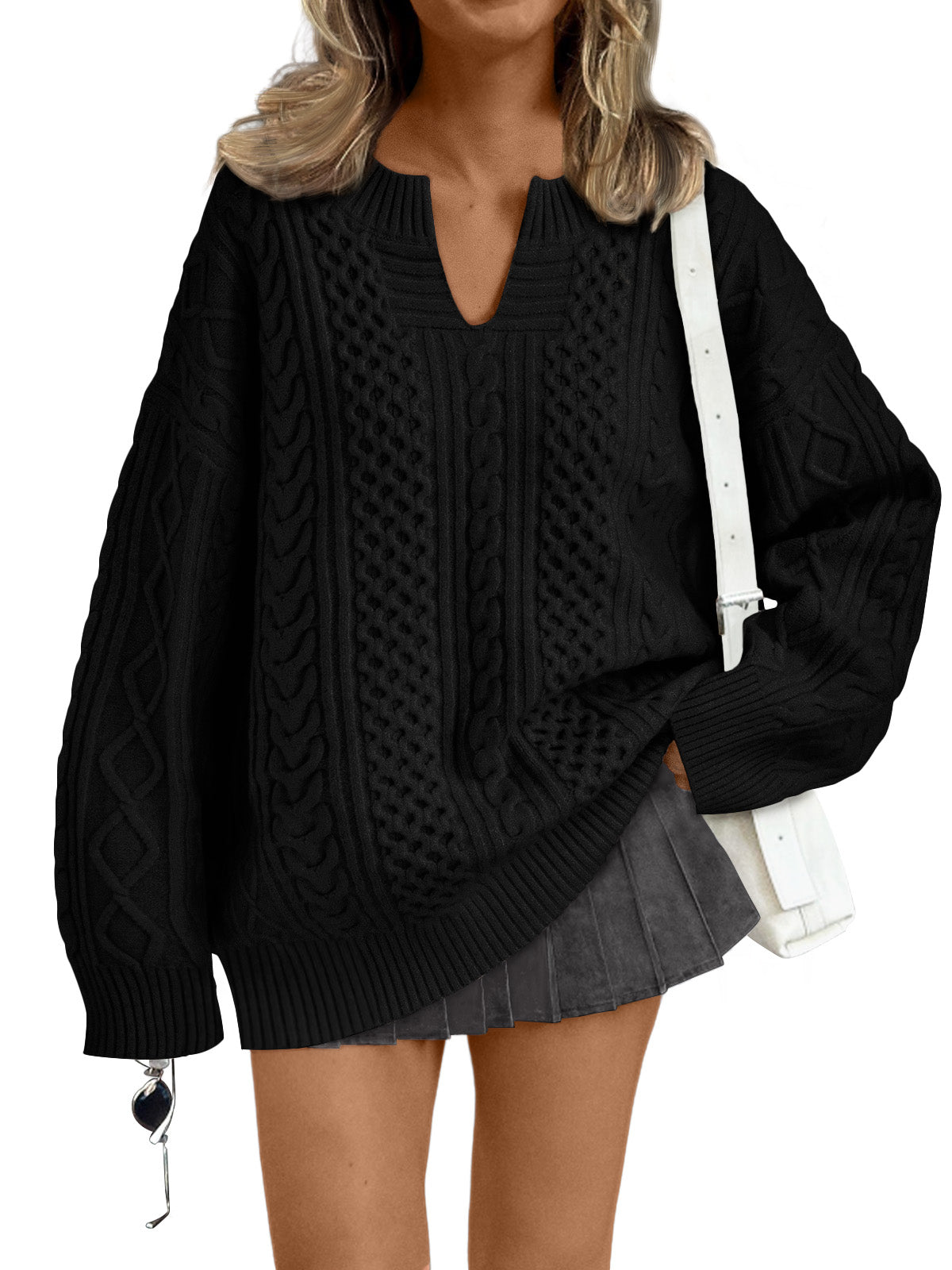 Trendy Queen V Neck Oversized Cable Knit Sweaters for Women Trendy 2025 Fall Fashion Outfits Clothes Winter Clothing