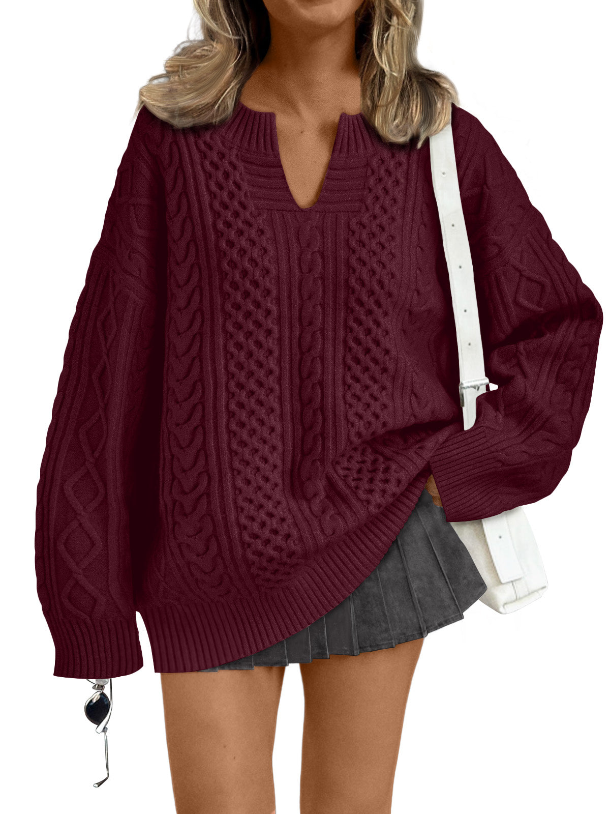 Trendy Queen V Neck Oversized Cable Knit Sweaters for Women Trendy 2025 Fall Fashion Outfits Clothes Winter Clothing