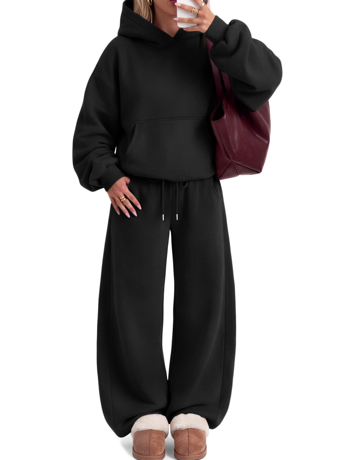Trendy Queen Womens Sweat Set 2 Piece Sweatsuit 2026 Fall Tracksuit | Soft Fleece Interior,Chic Oversized Fit,Flattering Wide Leg Silhouette,Effortless Airport Style